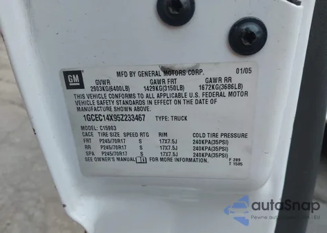 2005 Chevrolet Silverado 1500 from USA, damaged, VIN 1GCEC14X95Z233467